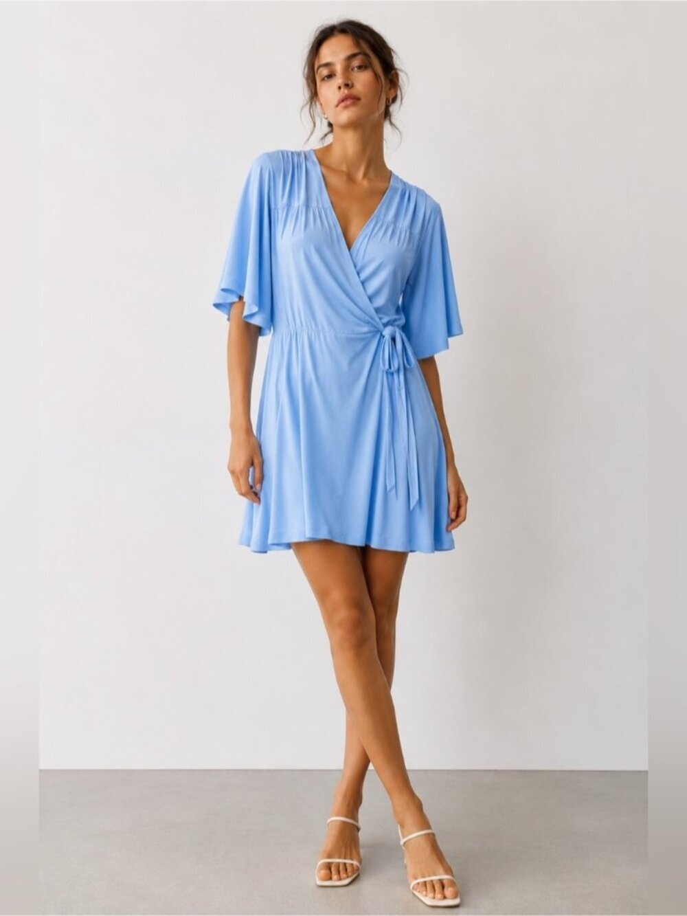 Terrera Light Blue Wrap Dress Women’s Medium Flutter Sleeve Tie Waist